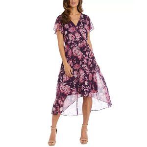 R&M Richards Plus Womens Purple Floral Flutter Sleeve Belted Faux-wrap Dress 20W